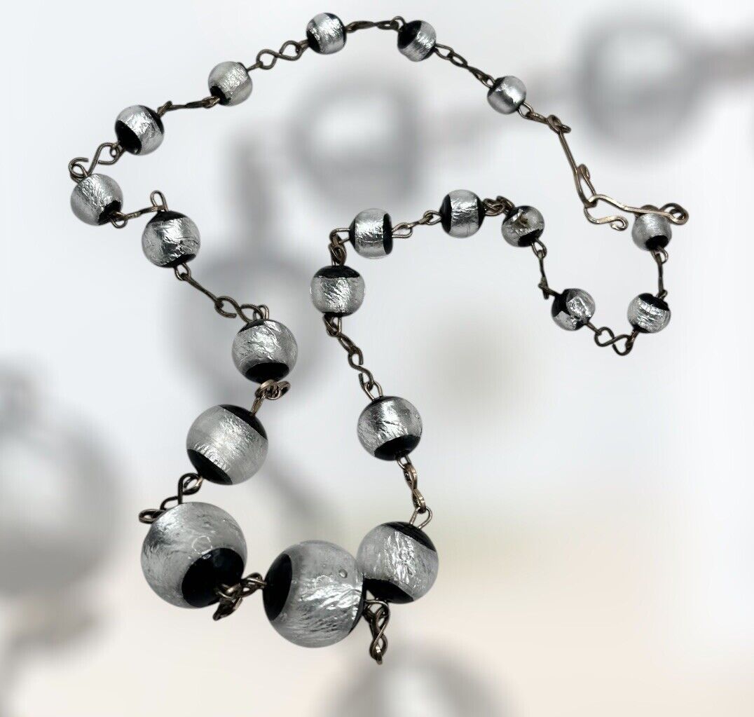 Vintage Deco Foiled Czech Glass Silver Black On Rolled Gold Chain