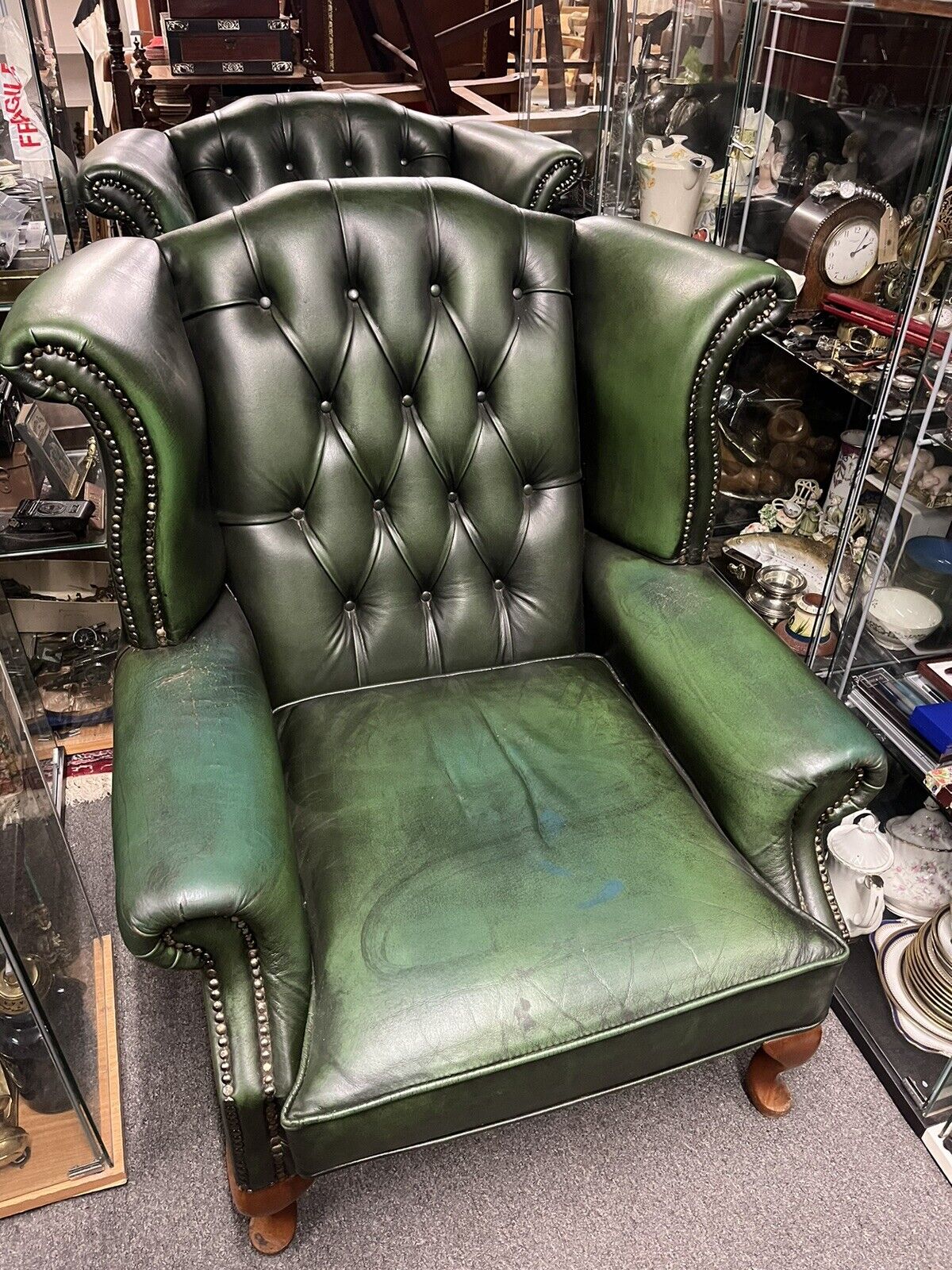 Green Leather Armchairs. Good Quality, Buttoned Back, Impressive