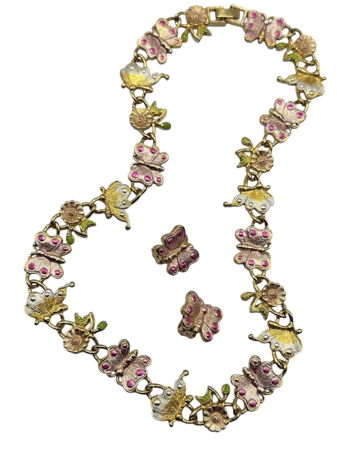 Vintage Gold Tone Pink Enamel Butterfly Flowers Necklace And Clip On Earring Set