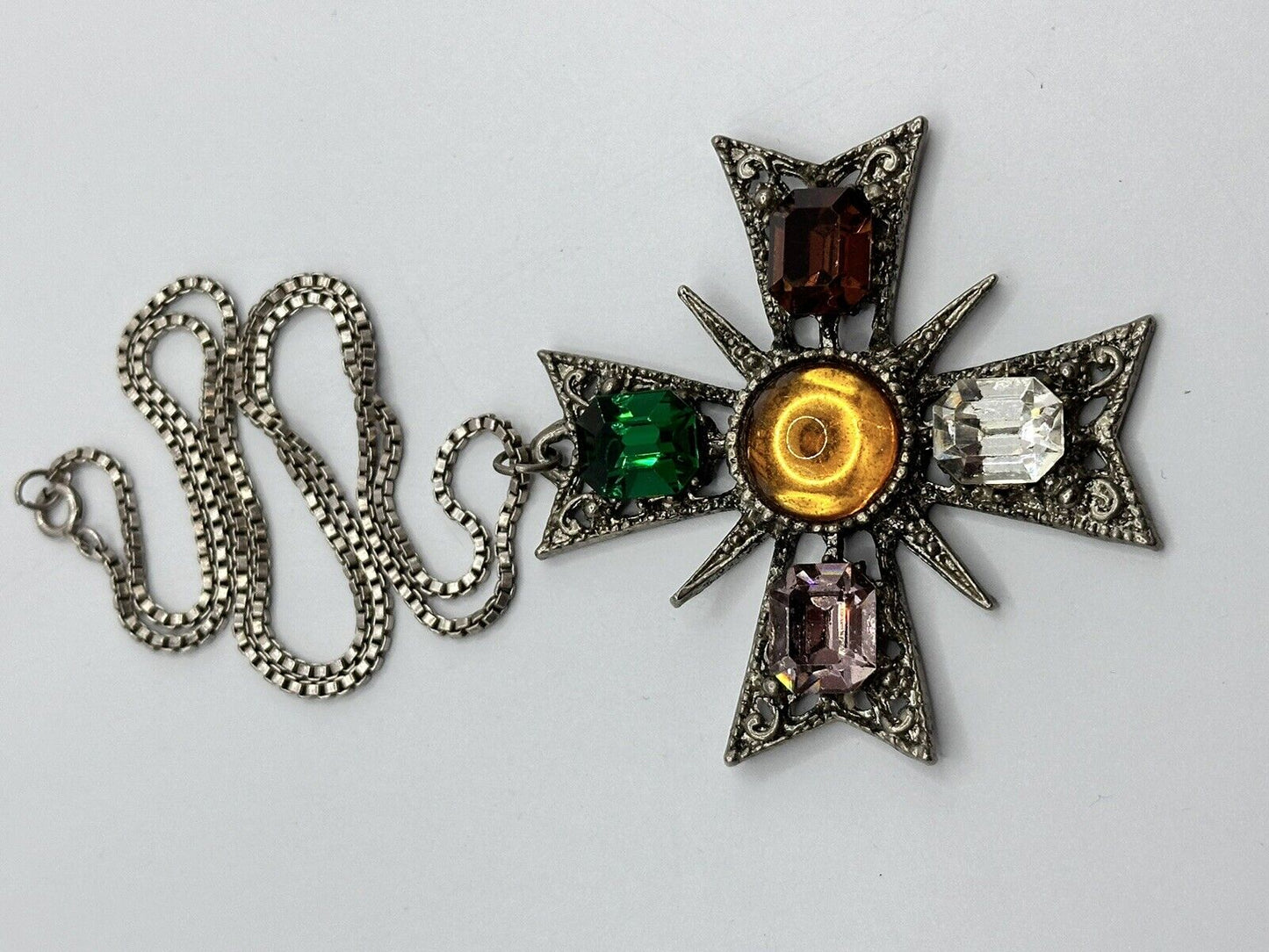 Vintage Maltese Cross Multicoloured Diamantés Pendant On Silver 925 Chain