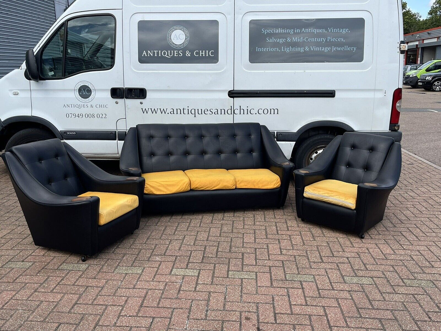 Black Mid Century 3 Seater Settee Sofa & 2 Matching Armchairs.