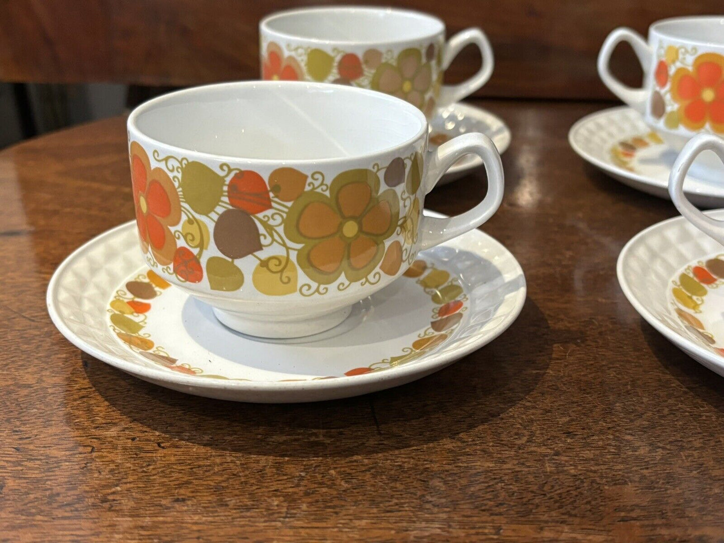 Mid Century Pontesa Young Range 4 Cups and Saucers Retro Orange Floral