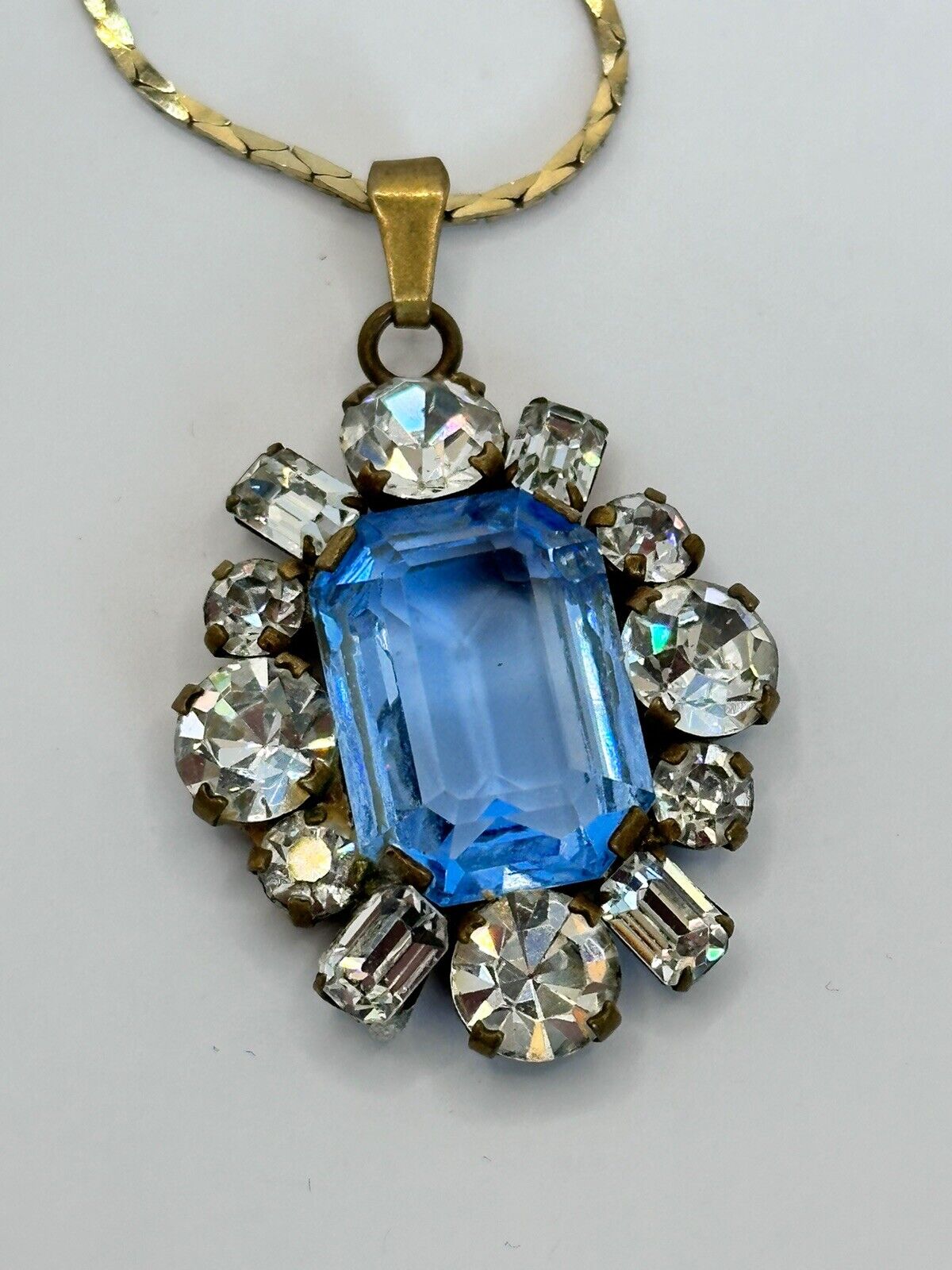 Vintage Blue Clear Paste Necklace Gold Plated Chain