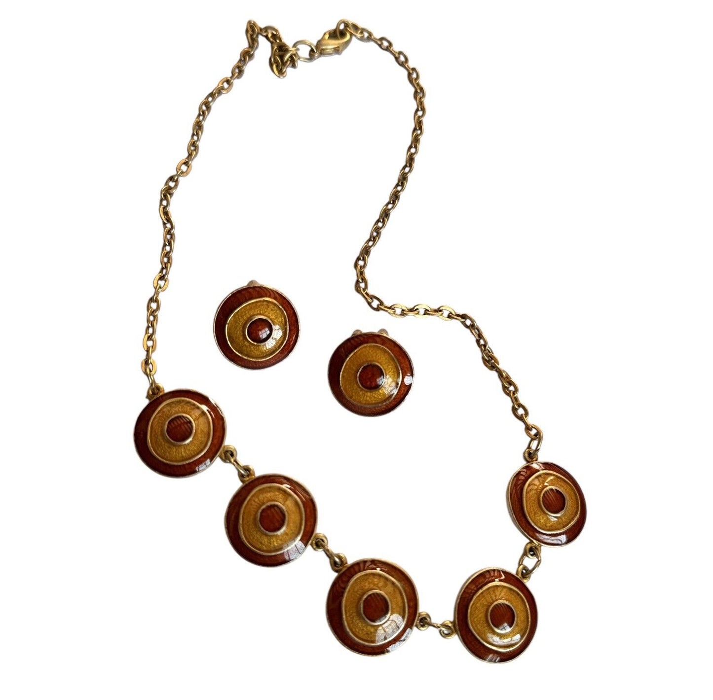 Vintage Enamel Yellow Red Necklace And Earring Set