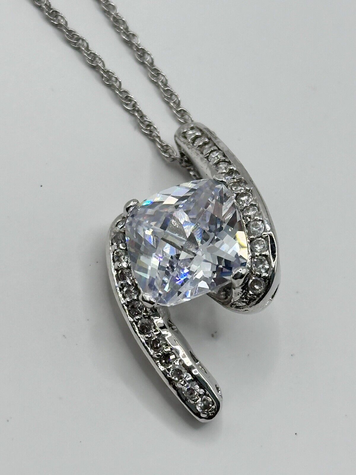 Vintage Rhodium Plated Clear Crystal Drop Necklace