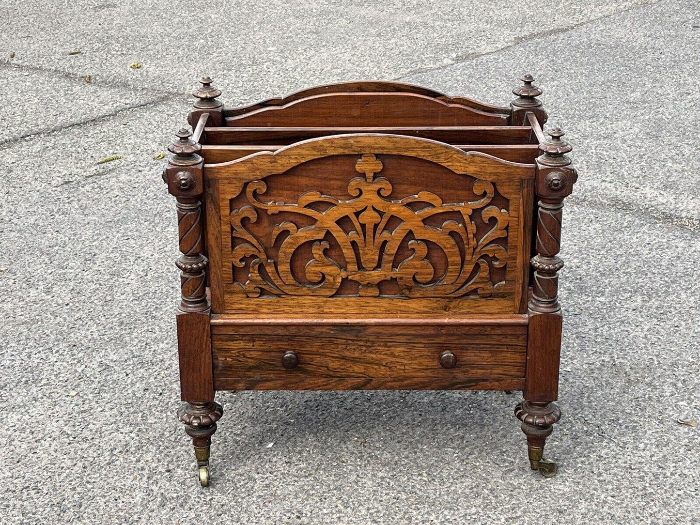 Victorian Rosewood Canterbury Magazine Rack With Drawer On Castors