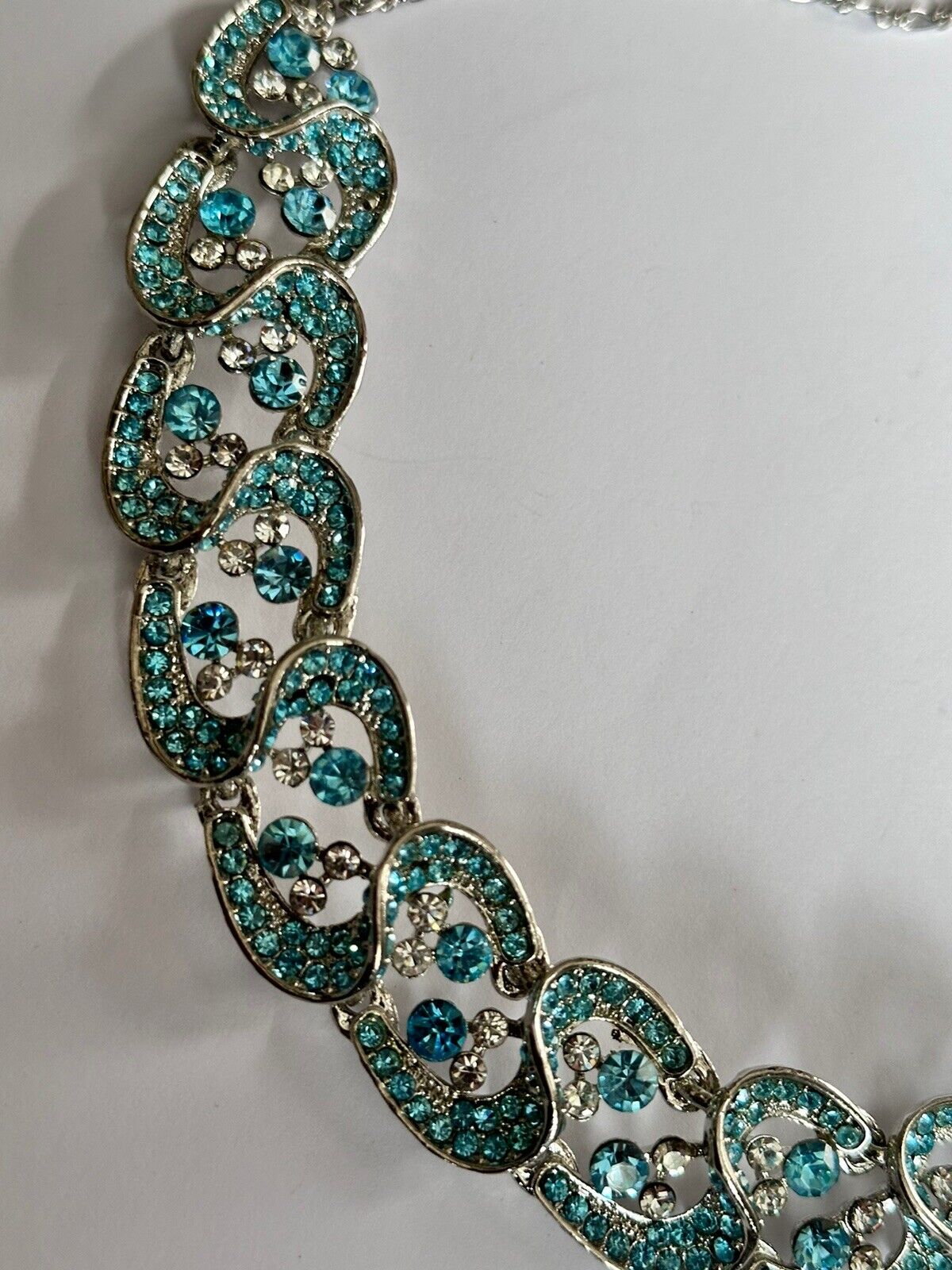 Vintage Silver Tone Blue Diamanté Statement Necklace