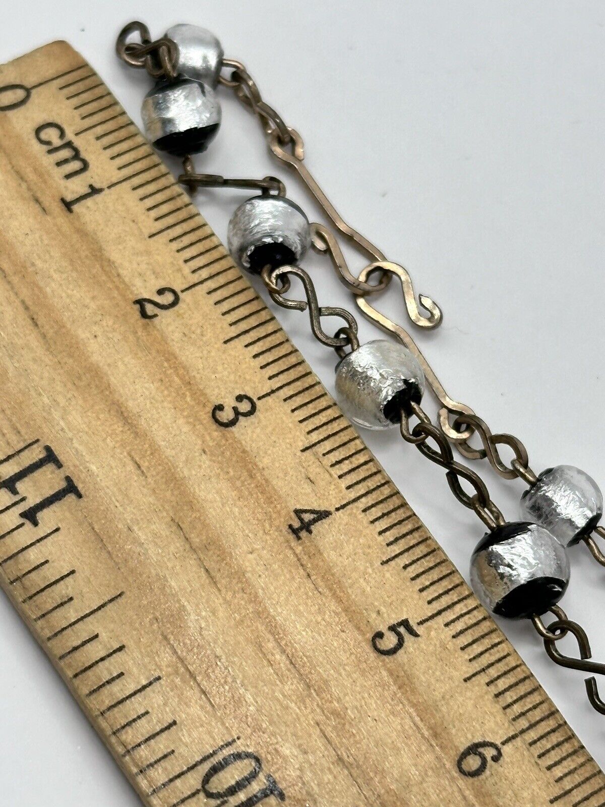 Vintage Deco Foiled Czech Glass Silver Black On Rolled Gold Chain