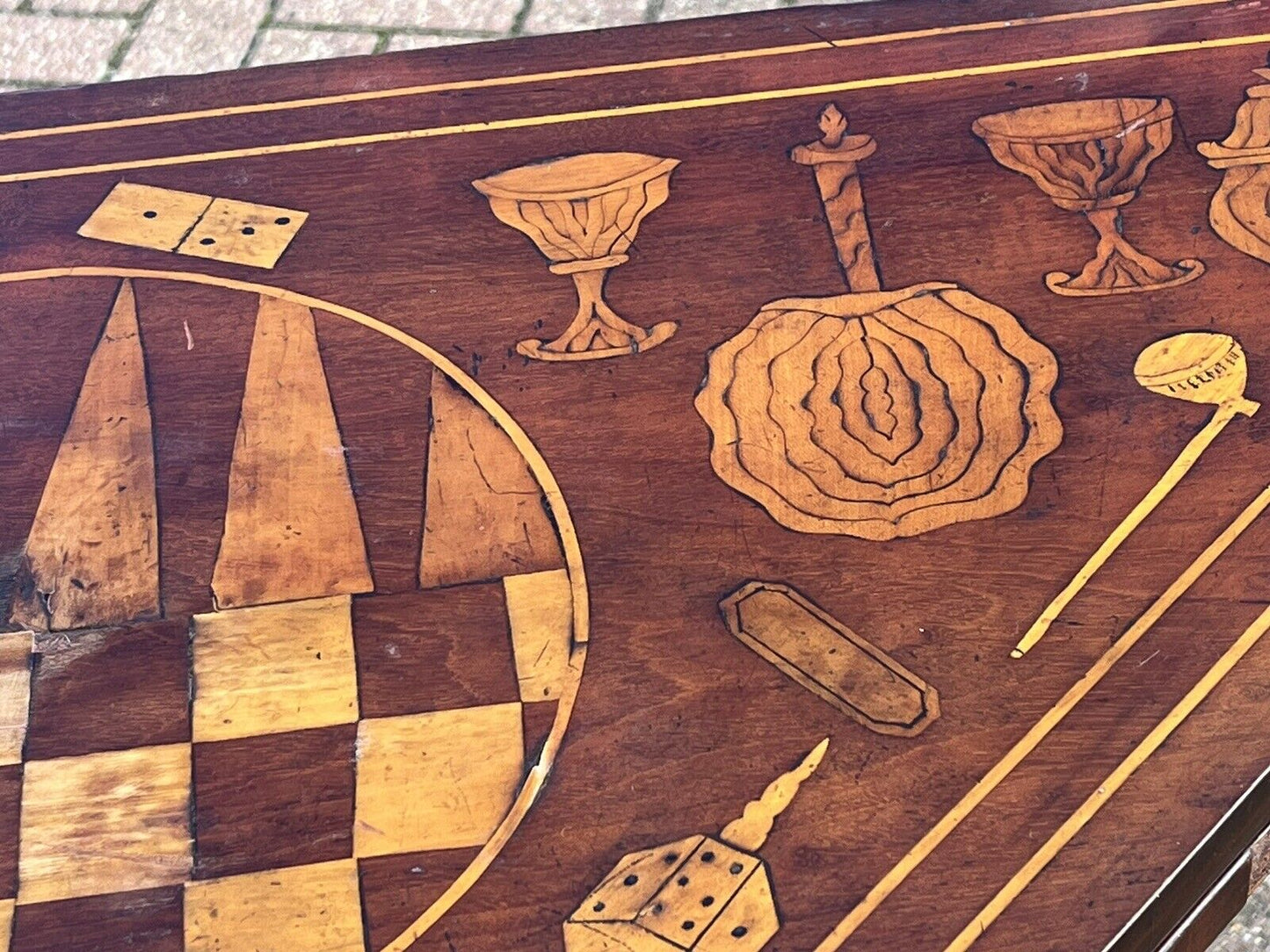 Antique Dutch Marquetry Games Table With Fold Over Lid And Card playing area