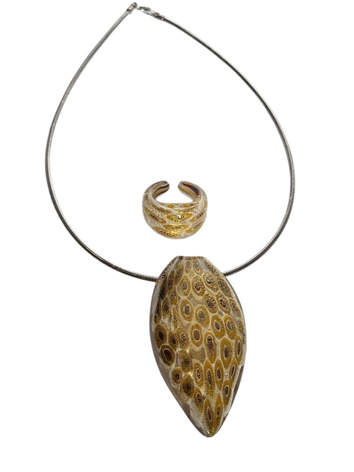 Vintage Gold Murano Glass Pendant On Sterling Silver Chain Matching Ring Set