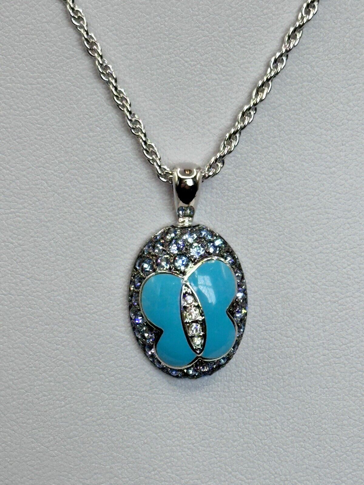 Vintage 1980s Rhodium Plated Blue Butterfly Diamanté Pendant Necklace