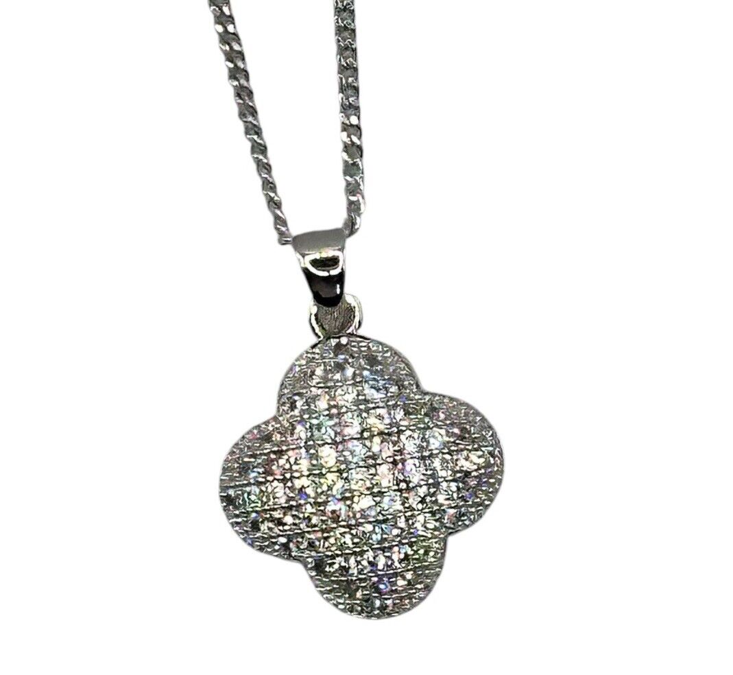 Rhodium Plated Clover Necklace Made With Clear Swarovski Crystals New Old Stock