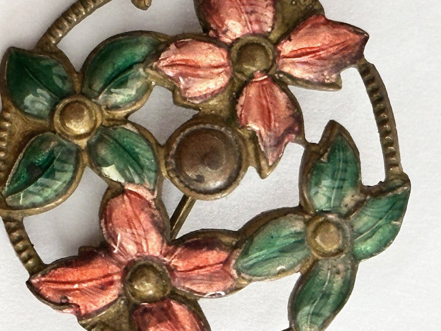 Vintage Early Pink Green Enamel Flowers Brooch