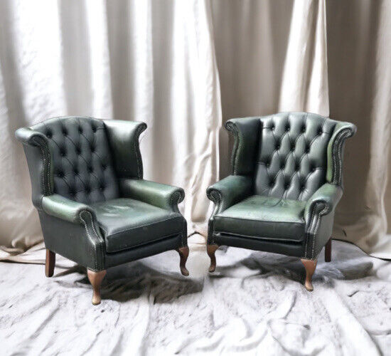 Green Leather Armchairs. Good Quality, Buttoned Back, Impressive