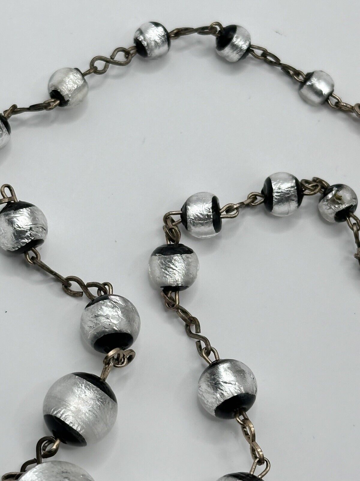 Vintage Deco Foiled Czech Glass Silver Black On Rolled Gold Chain