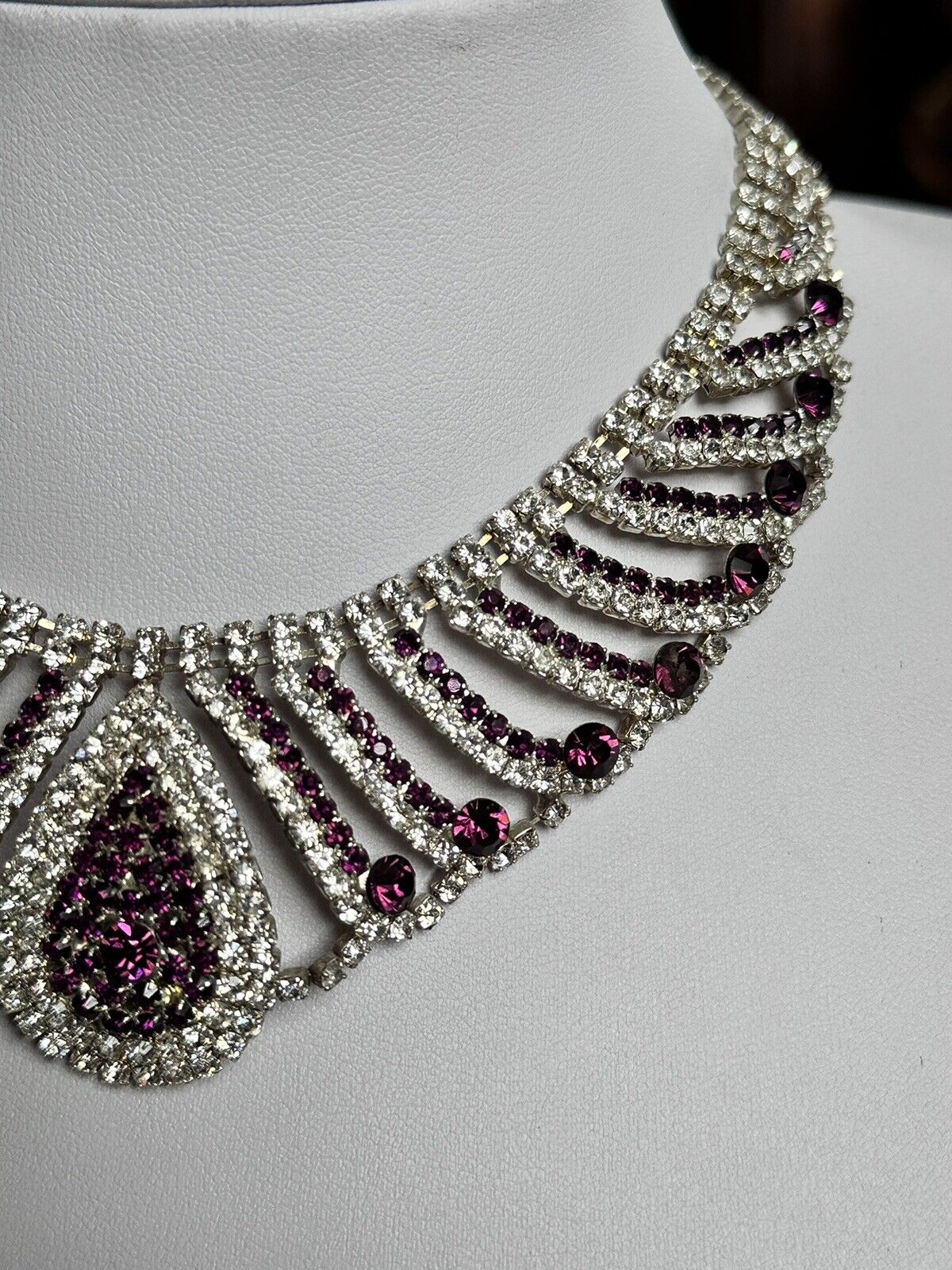 Vintage Silver Tone Clear Purple Diamantés Teardrop Statement Necklace