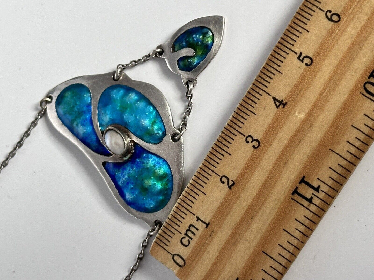 Arts & Crafts Sterling Silver Blue Green Enamel Pearl Lavaliere Necklace