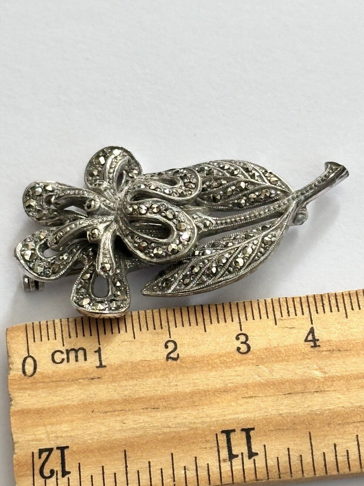 Vintage Silver Tone Marcasite Flower Brooch
