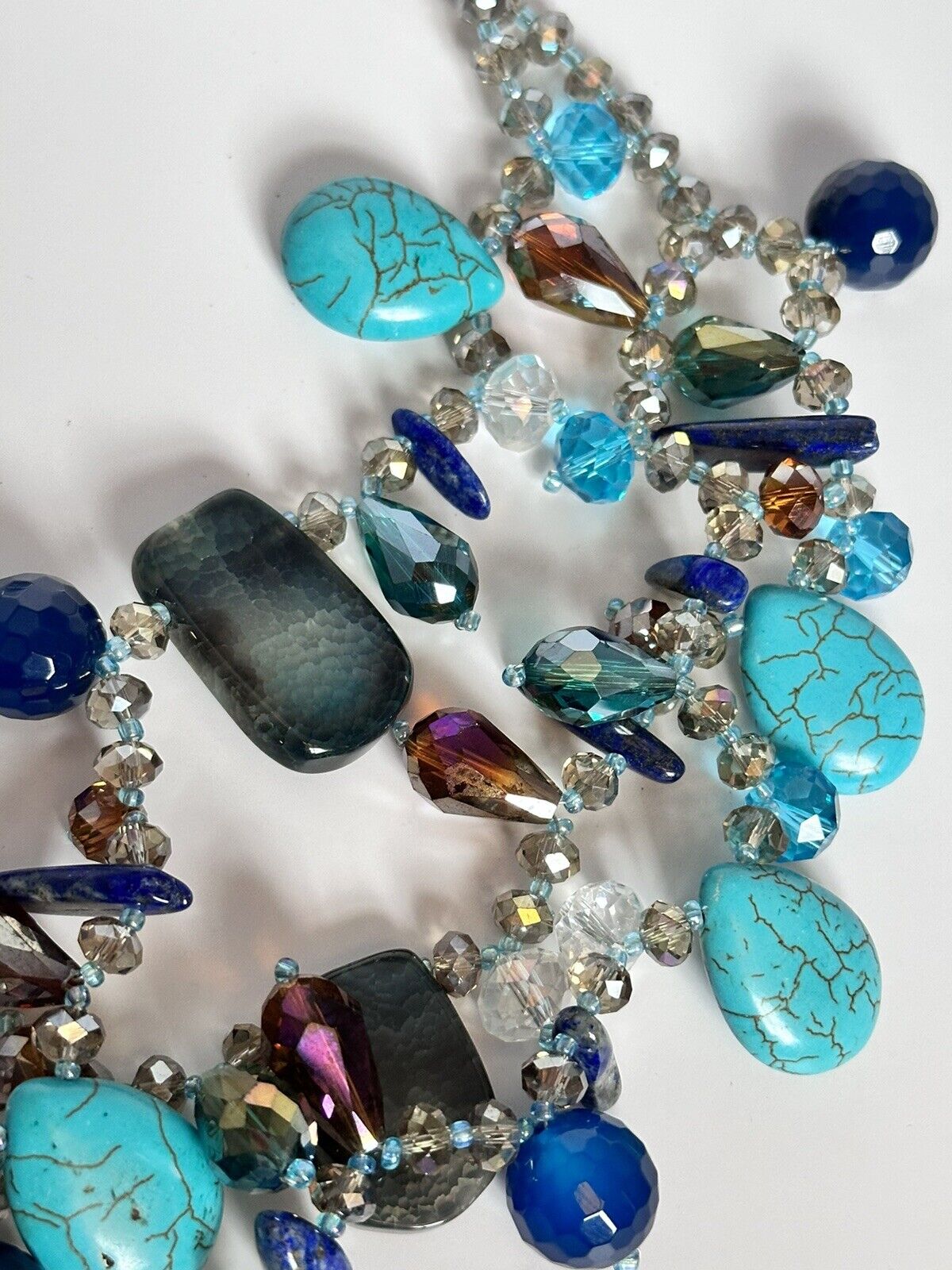 Turquoise Lapis Lazuli Natural Stone Crystal Statement Necklace Silver 925 Clasp
