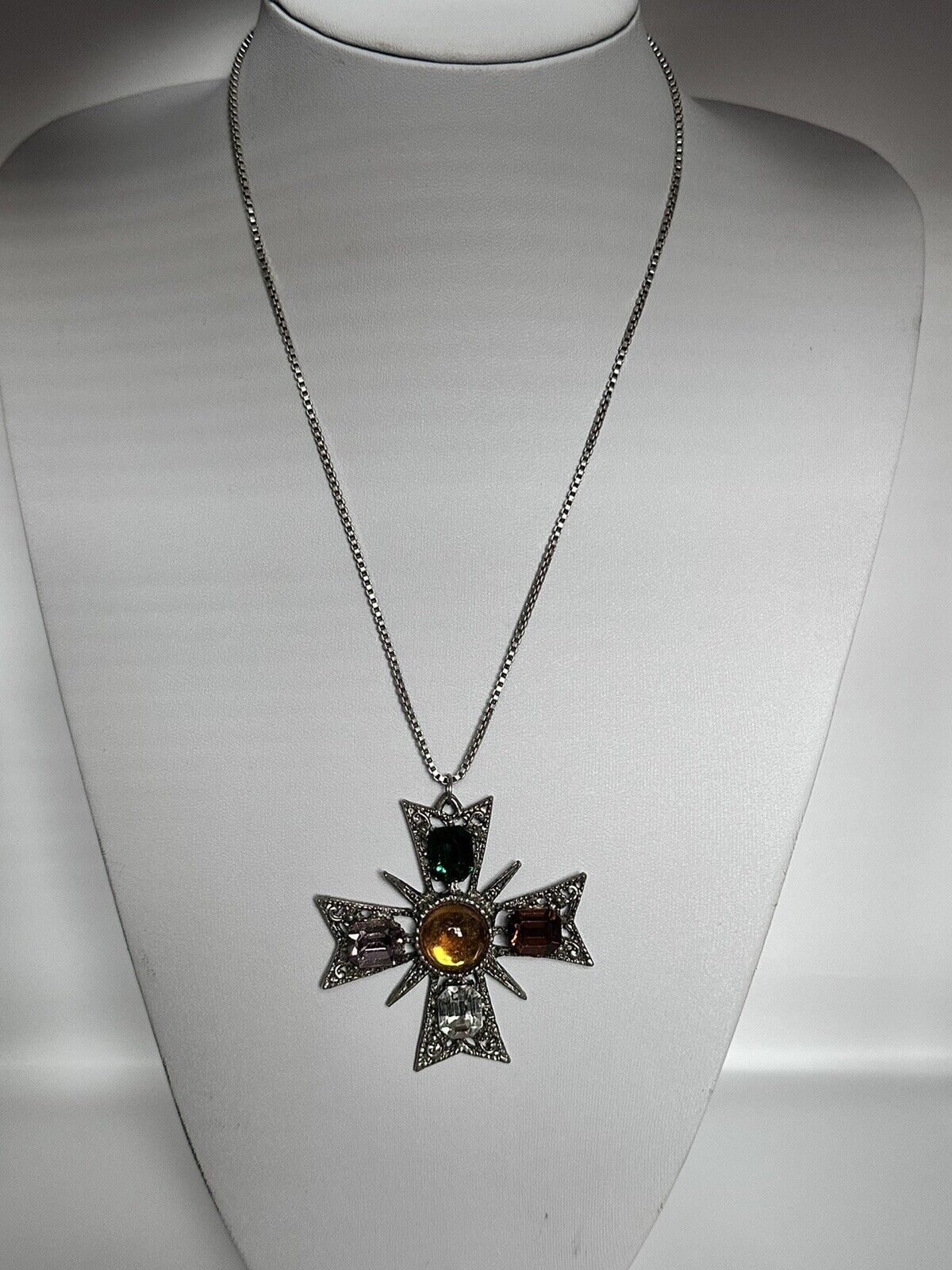Vintage Maltese Cross Multicoloured Diamantés Pendant On Silver 925 Chain