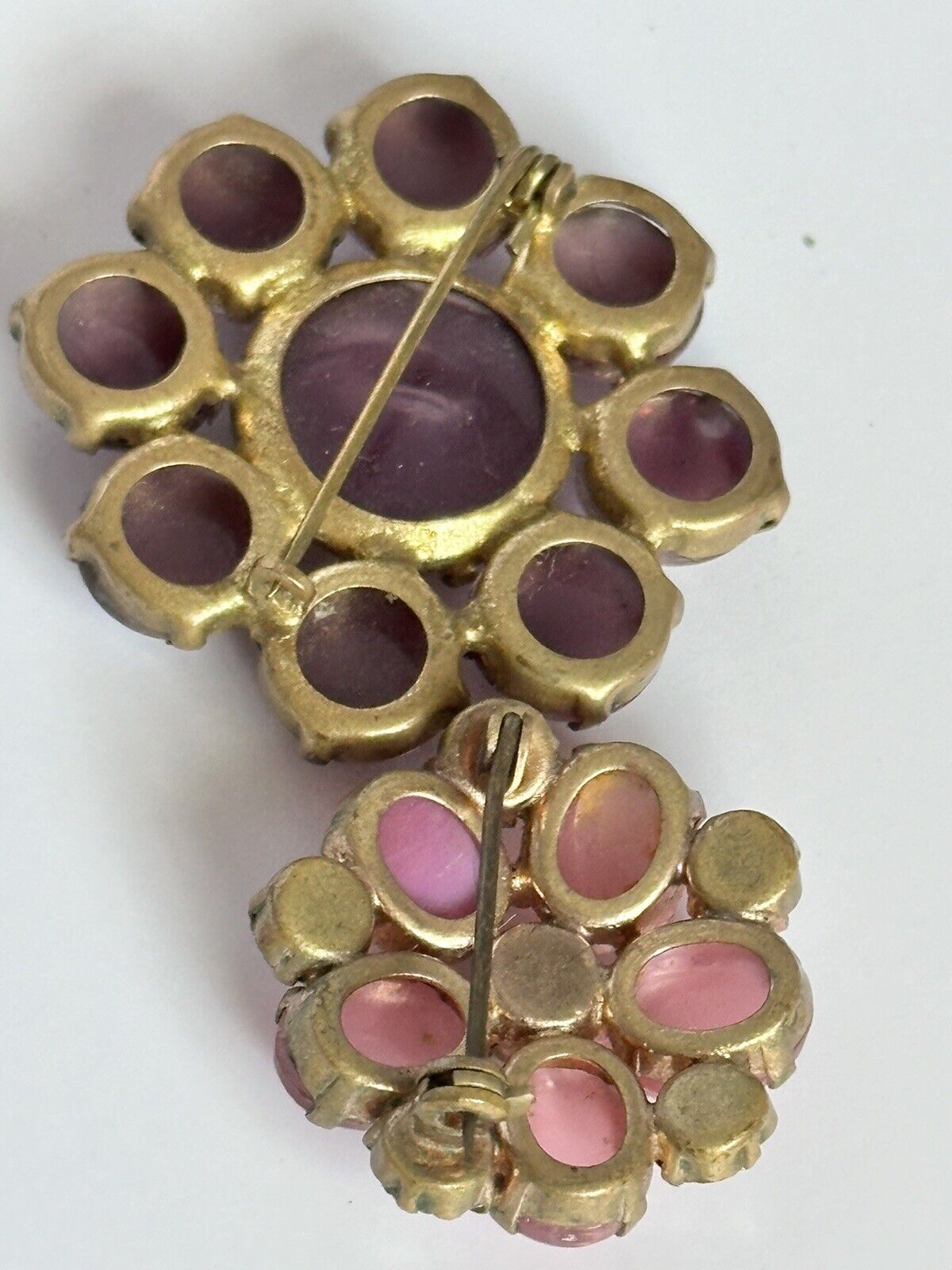 Vintage Purple Pink Satin Stone Flowers Set Of 2 Brooches