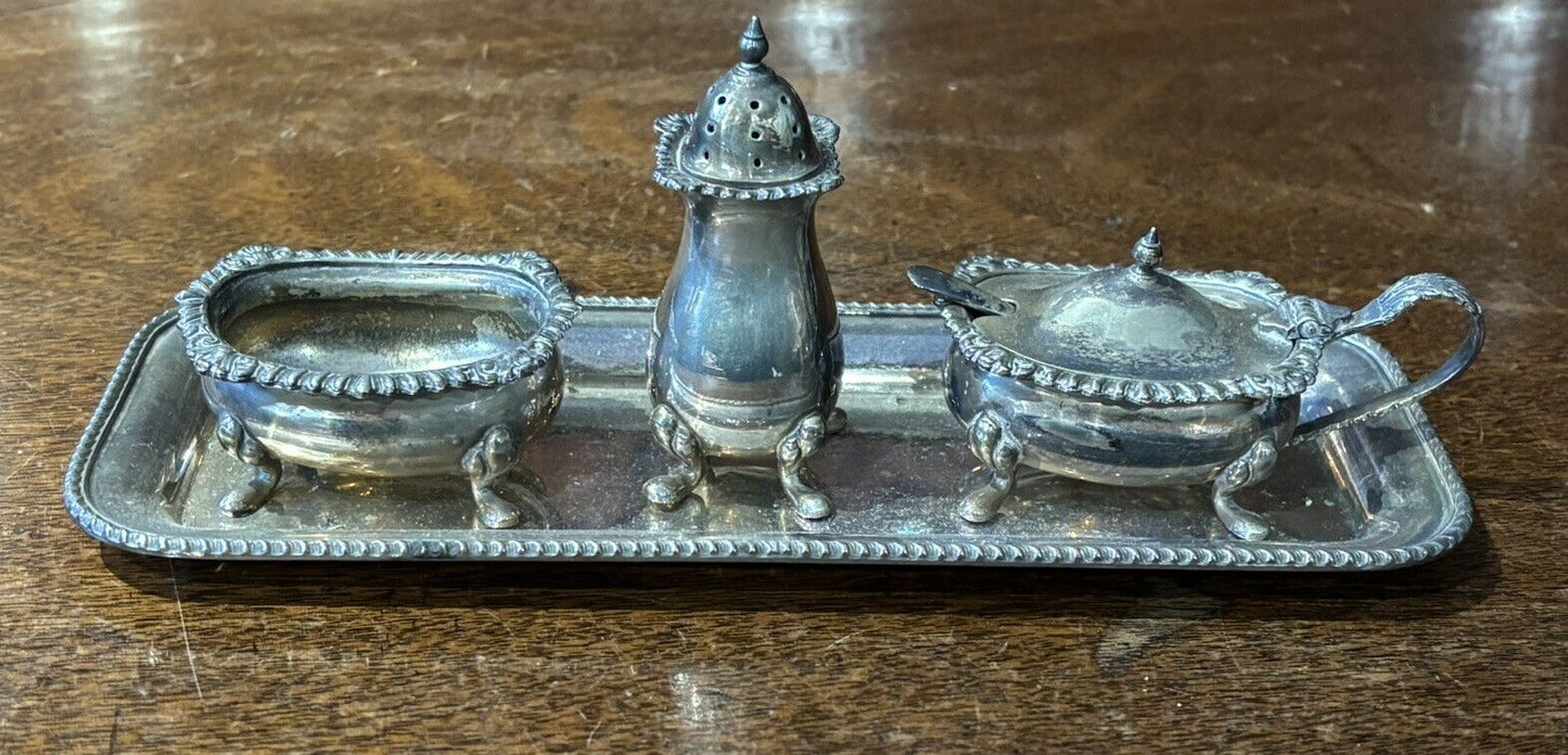 Silver Plate Salt & Pepper And Sauce Set On Tray