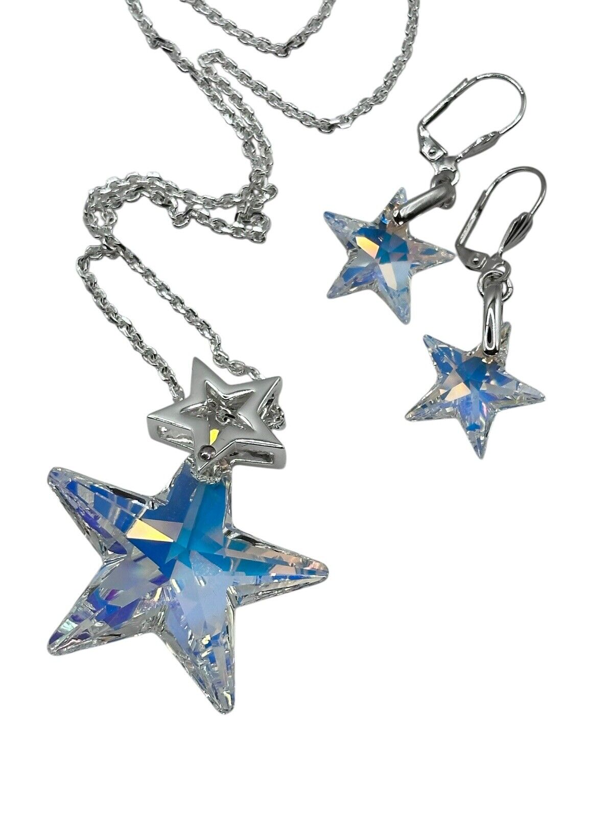 Vintage 1980s Rhodium Plated Aurora Borealis Star Necklace And Earring Set