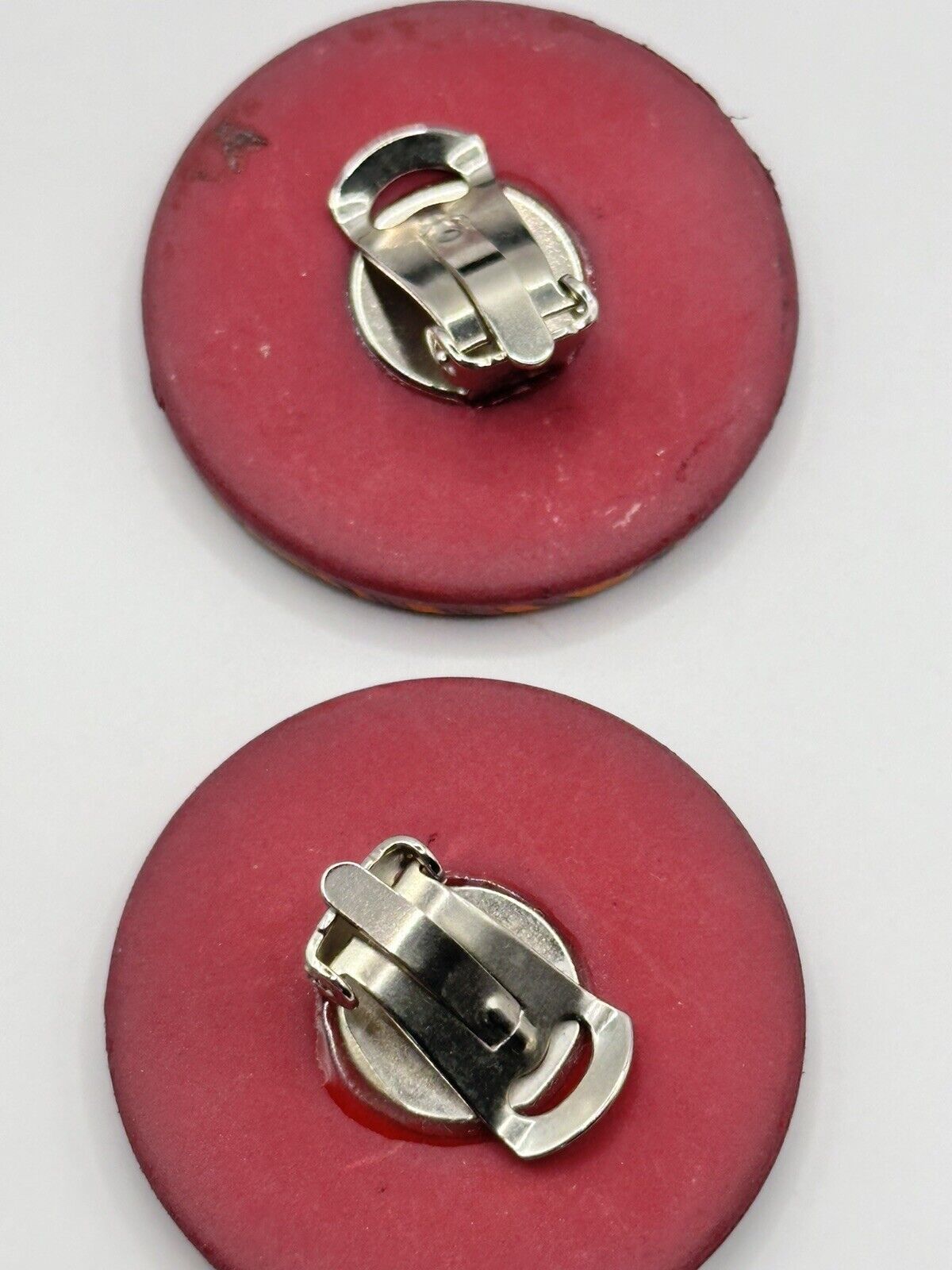 Vintage Ethnic Pink Orange Patterned Disk Clip On Earrings