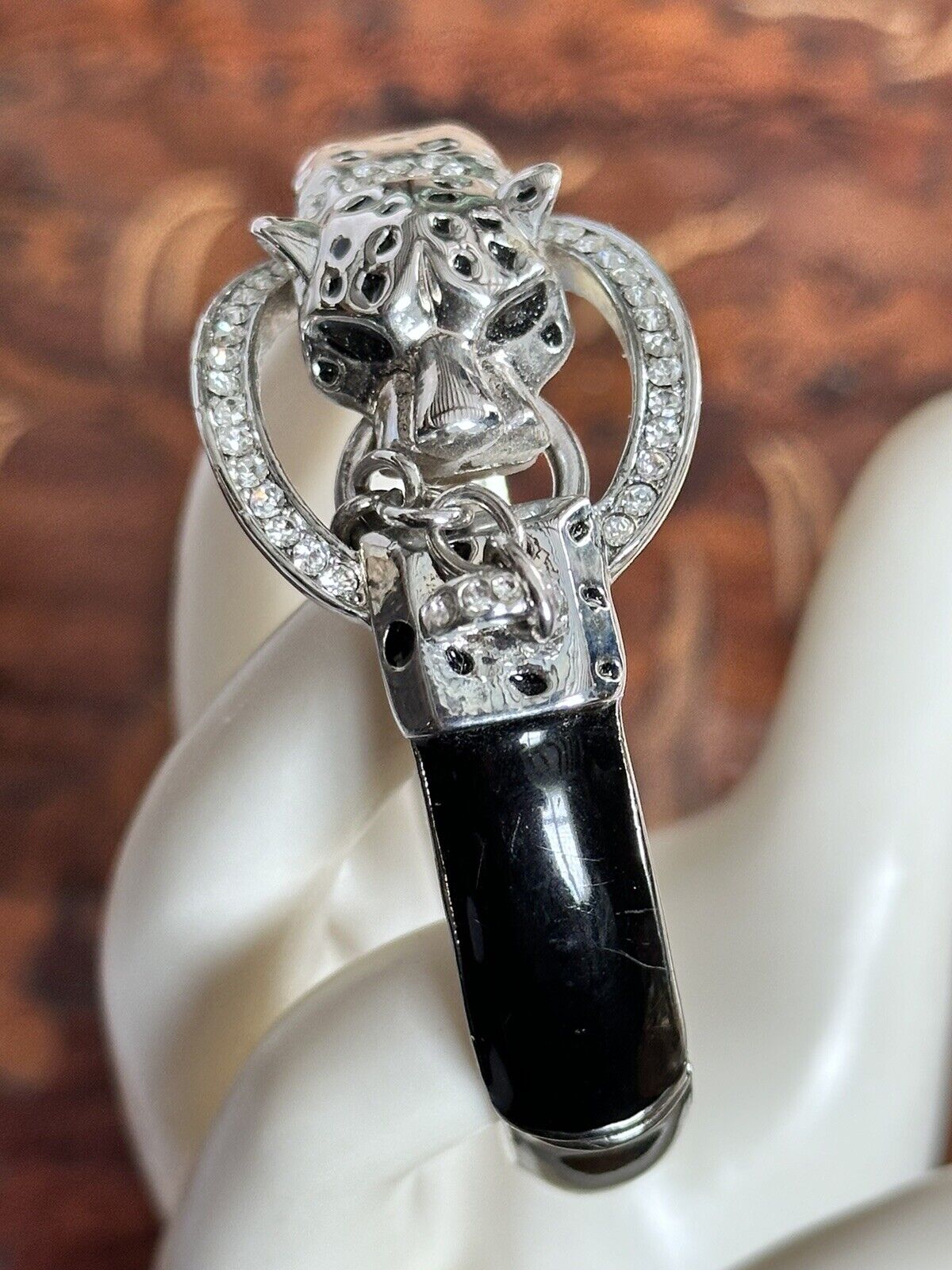 Vintage Silver Tone Leopard Door Knocker Hinged Cuff Bracelet