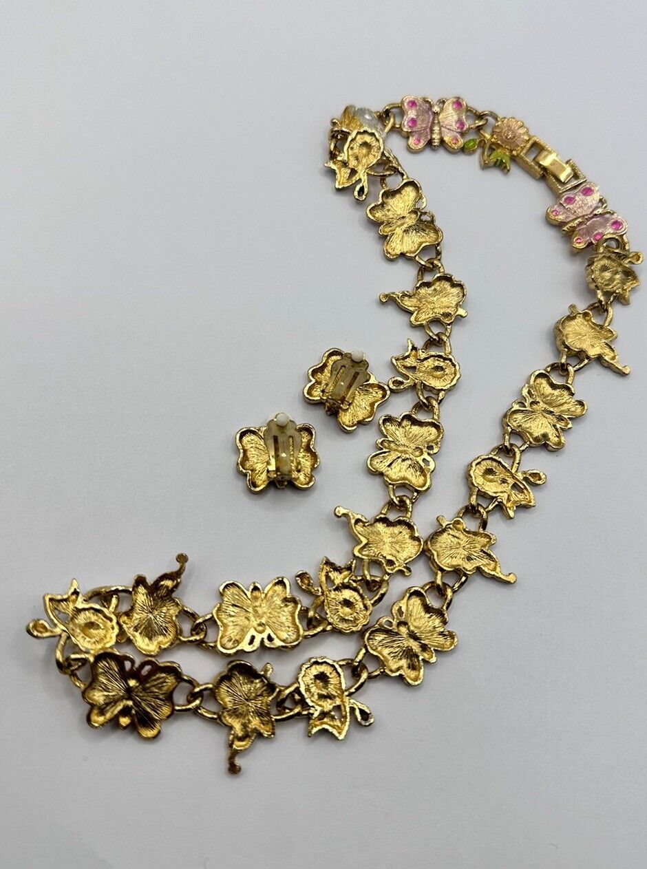 Vintage Gold Tone Pink Enamel Butterfly Flowers Necklace And Clip On Earring Set