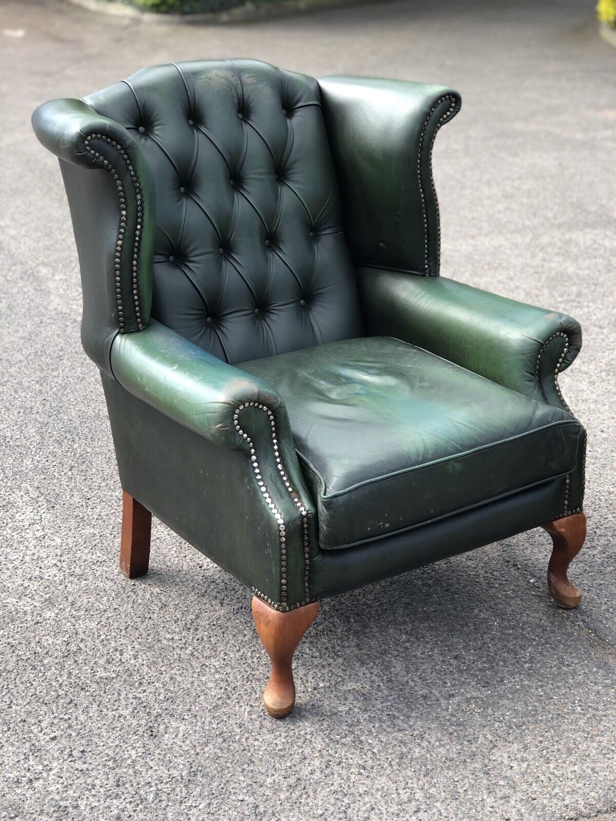 Green Leather Armchairs. Good Quality, Buttoned Back, Impressive
