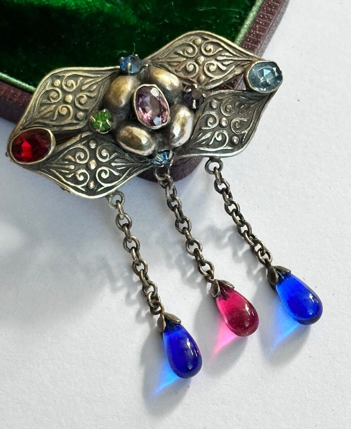 Vintage Antique Metal Czech Glass Multicoloured Brooch