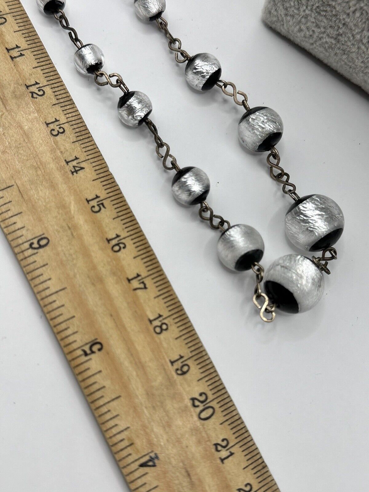Vintage Deco Foiled Czech Glass Silver Black On Rolled Gold Chain