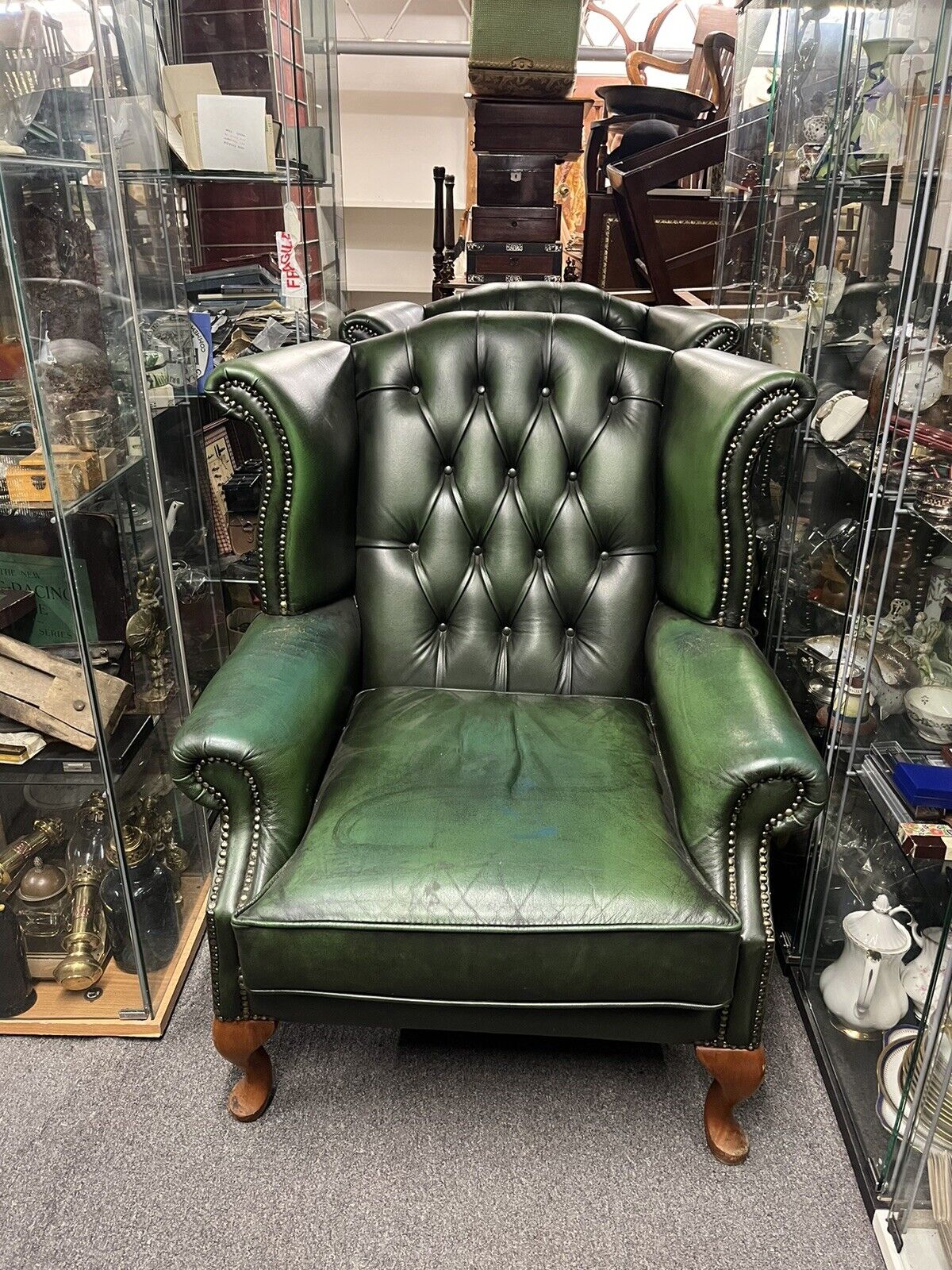Green Leather Armchairs. Good Quality, Buttoned Back, Impressive
