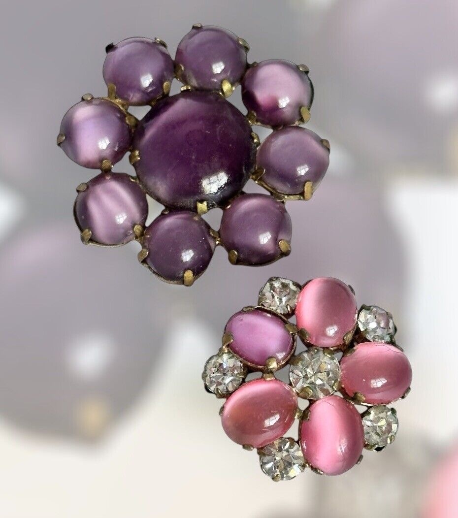 Vintage Purple Pink Satin Stone Flowers Set Of 2 Brooches