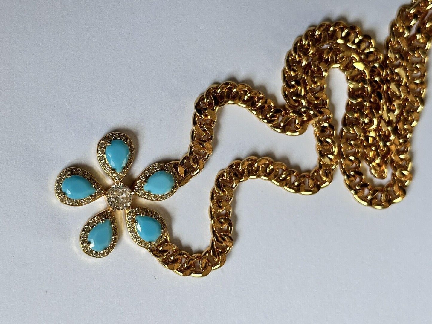 Vintage Gold Plated Faux Turquoise Diamanté Flower Necklace