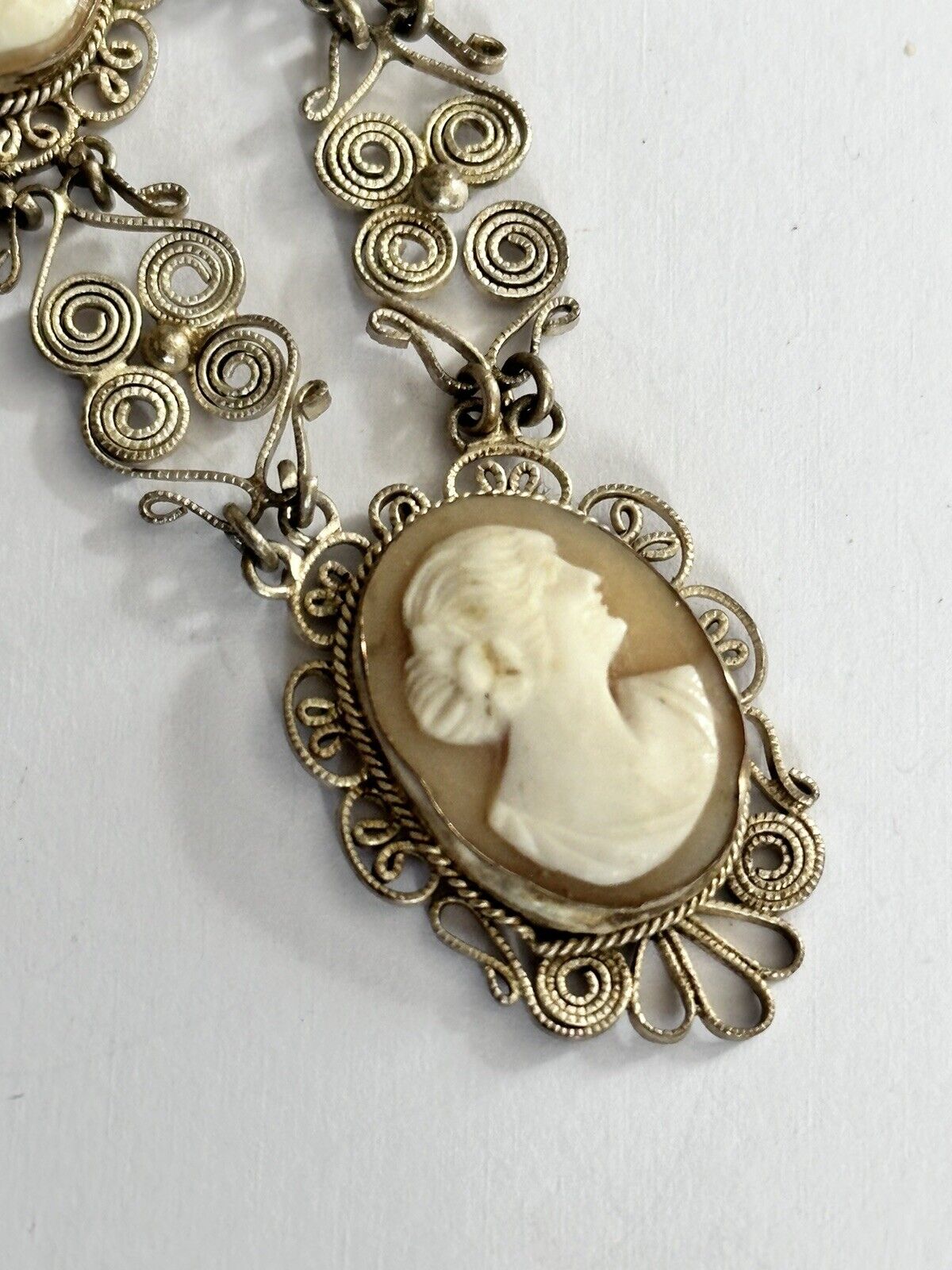 Vintage Silver Filigree Shell Cameo Necklace