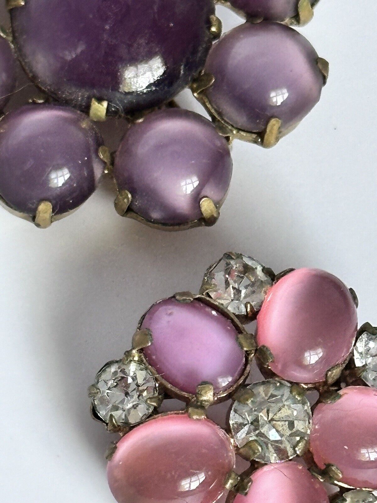 Vintage Purple Pink Satin Stone Flowers Set Of 2 Brooches