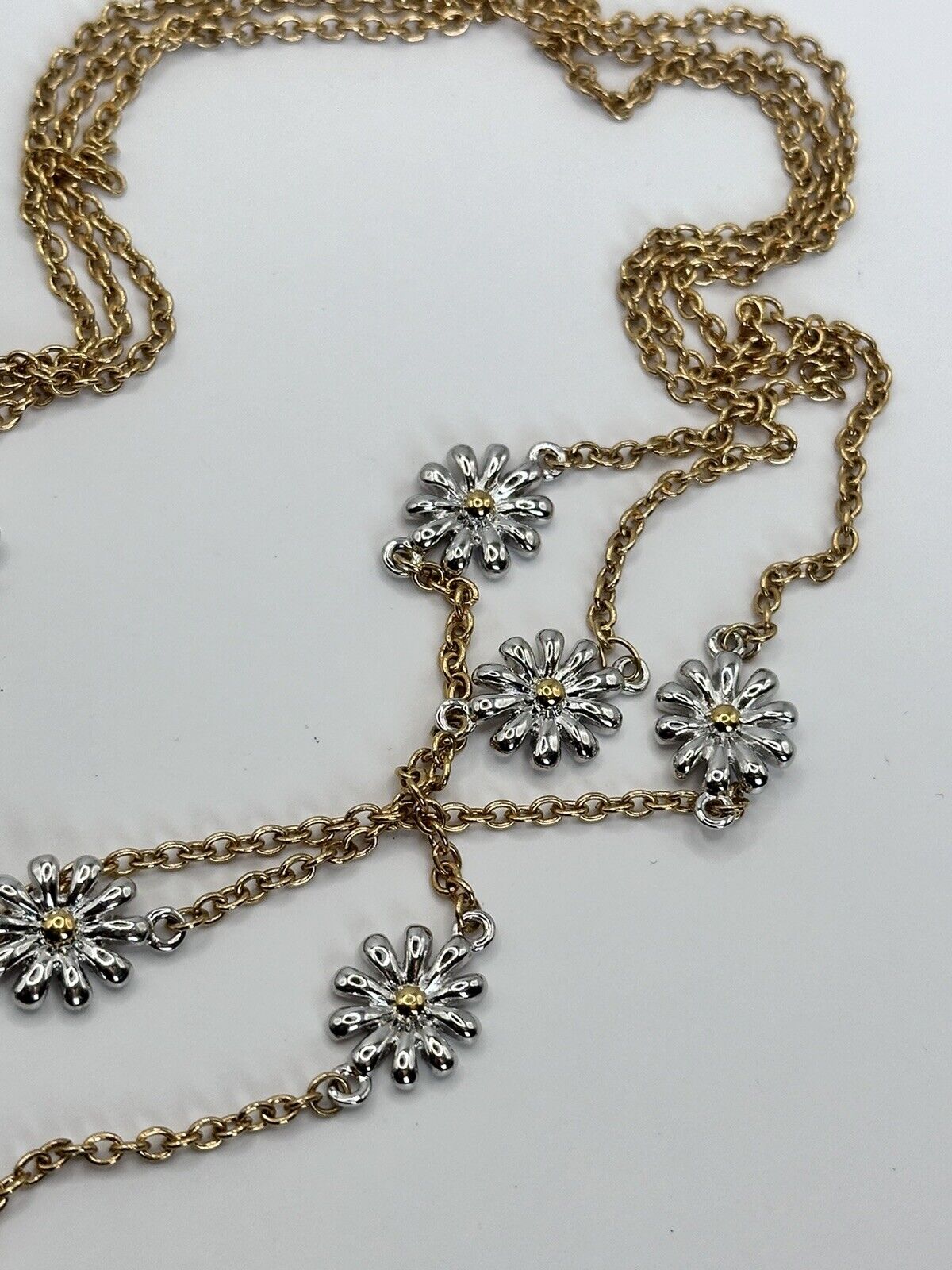 Vintage Gold And Rhodium Plated Daisy Flower Multi Strand Necklace