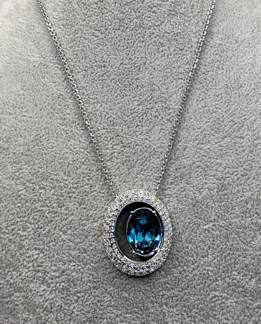 Vintage 1980s Rhodium Plated Blue Crystal Necklace New Old Stock