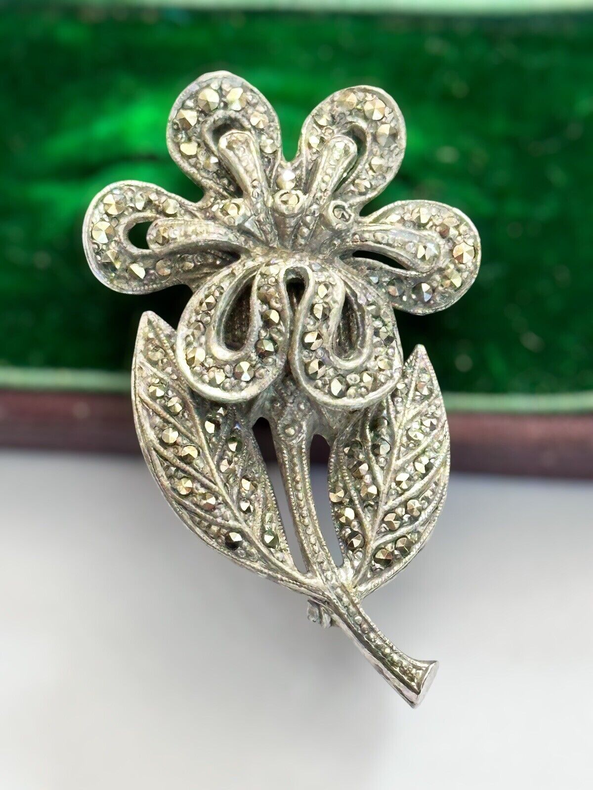Vintage Silver Tone Marcasite Flower Brooch