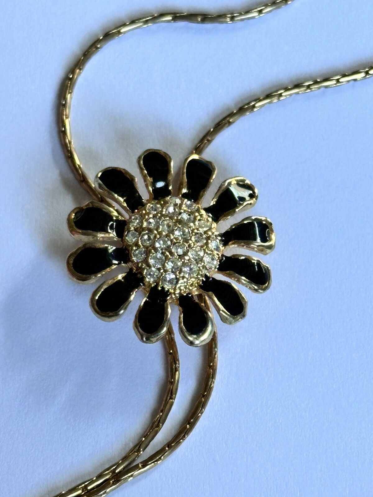 Vintage Gold Tone Adjustable Black Enamel Diamanté Flower Necklace