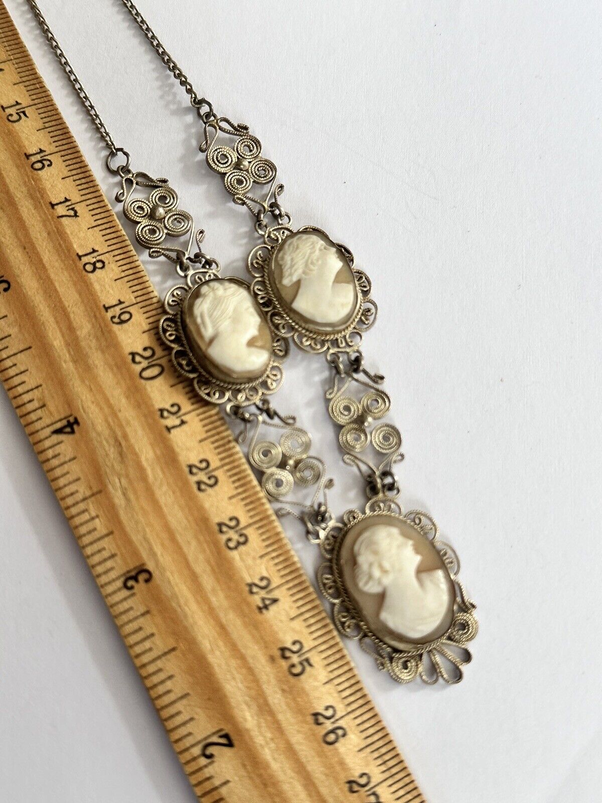 Vintage Silver Filigree Shell Cameo Necklace