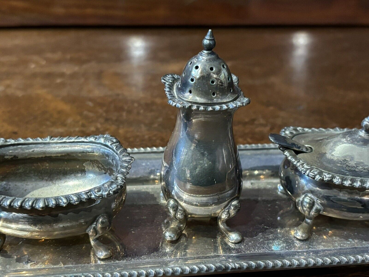Silver Plate Salt & Pepper And Sauce Set On Tray