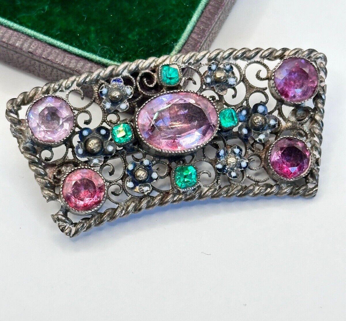 Antique Edwardian Open Filigree Pink Green Paste Glass Brooch