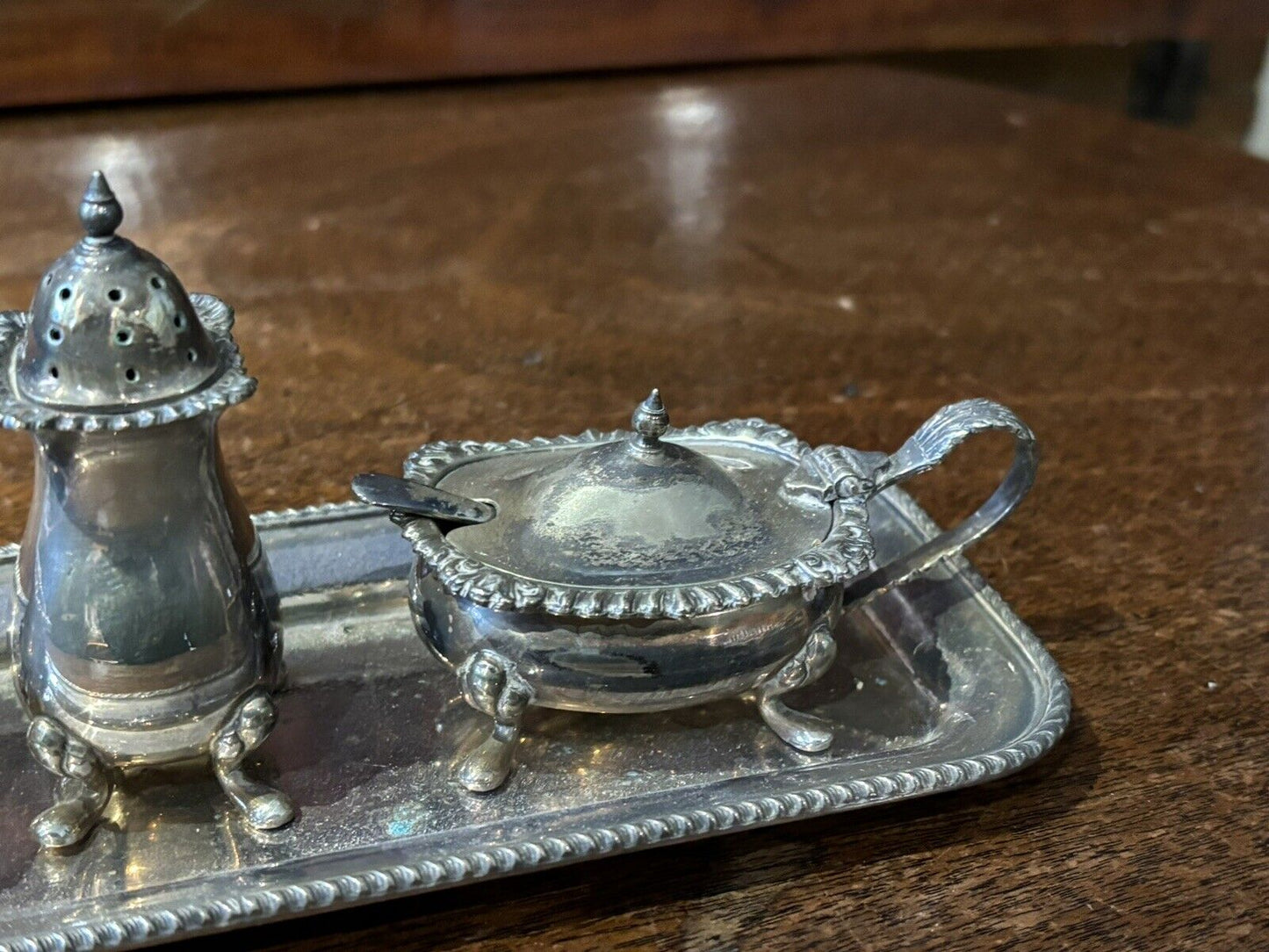 Silver Plate Salt & Pepper And Sauce Set On Tray