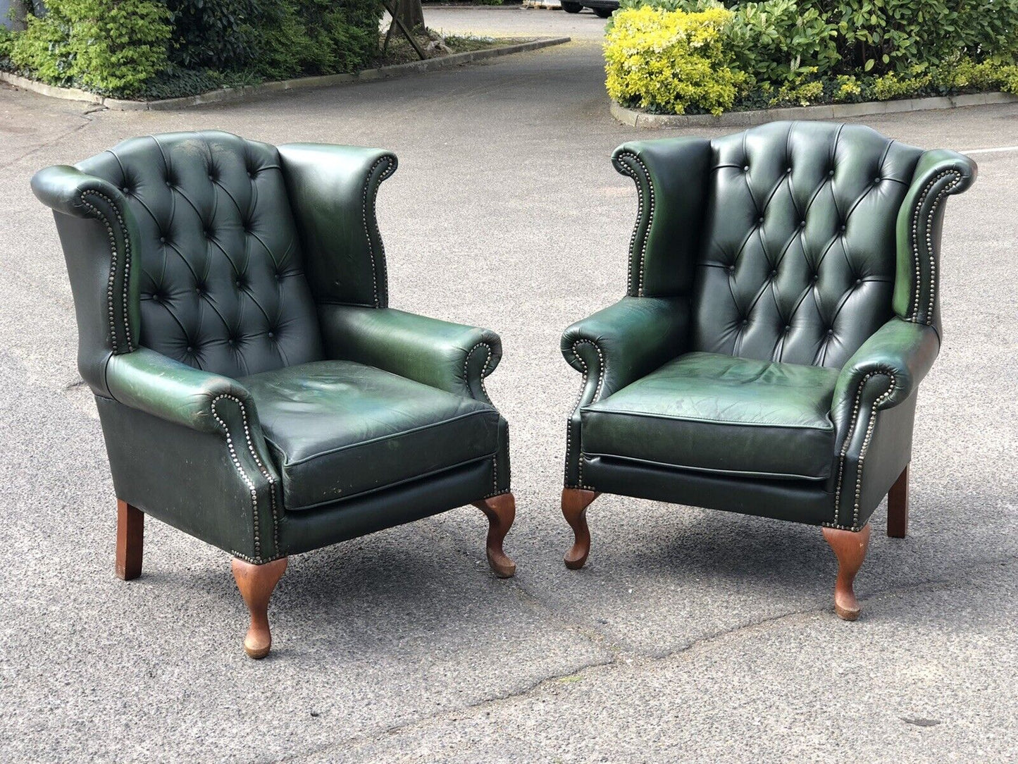 Green Leather Armchairs. Good Quality, Buttoned Back, Impressive