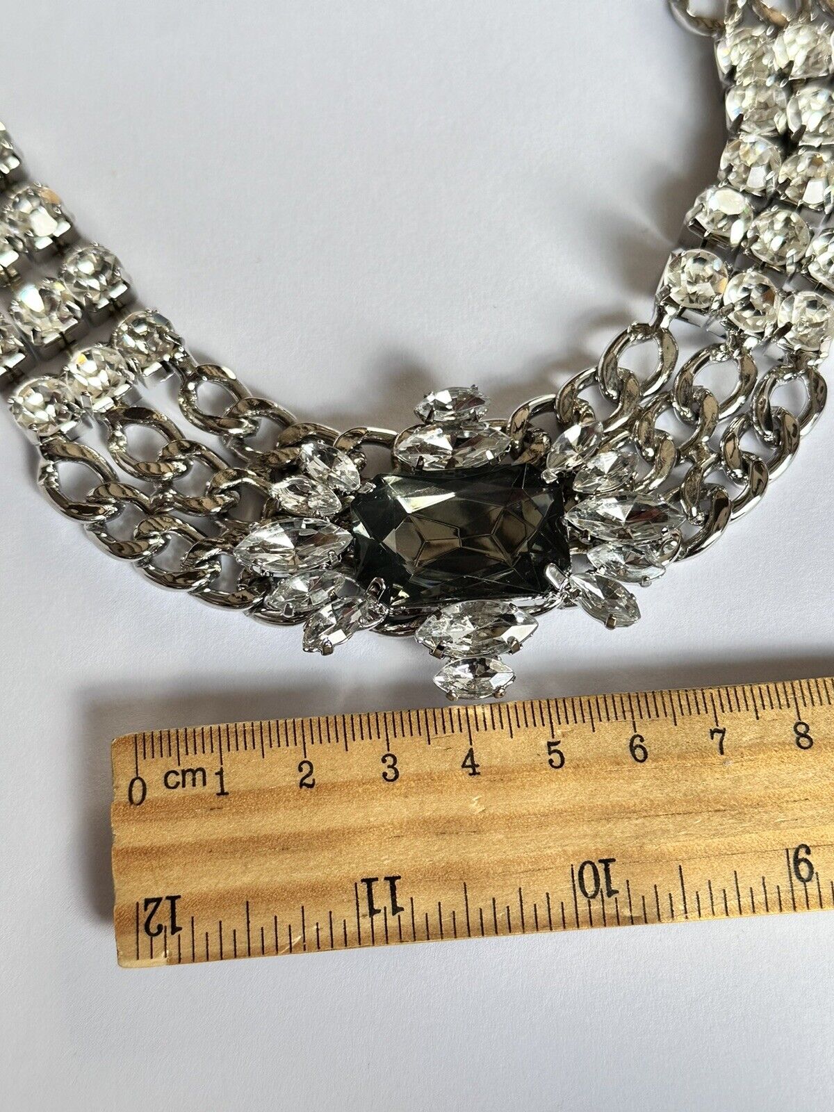 Vintage Silver Tone Chain Link Diamanté Statement Necklace