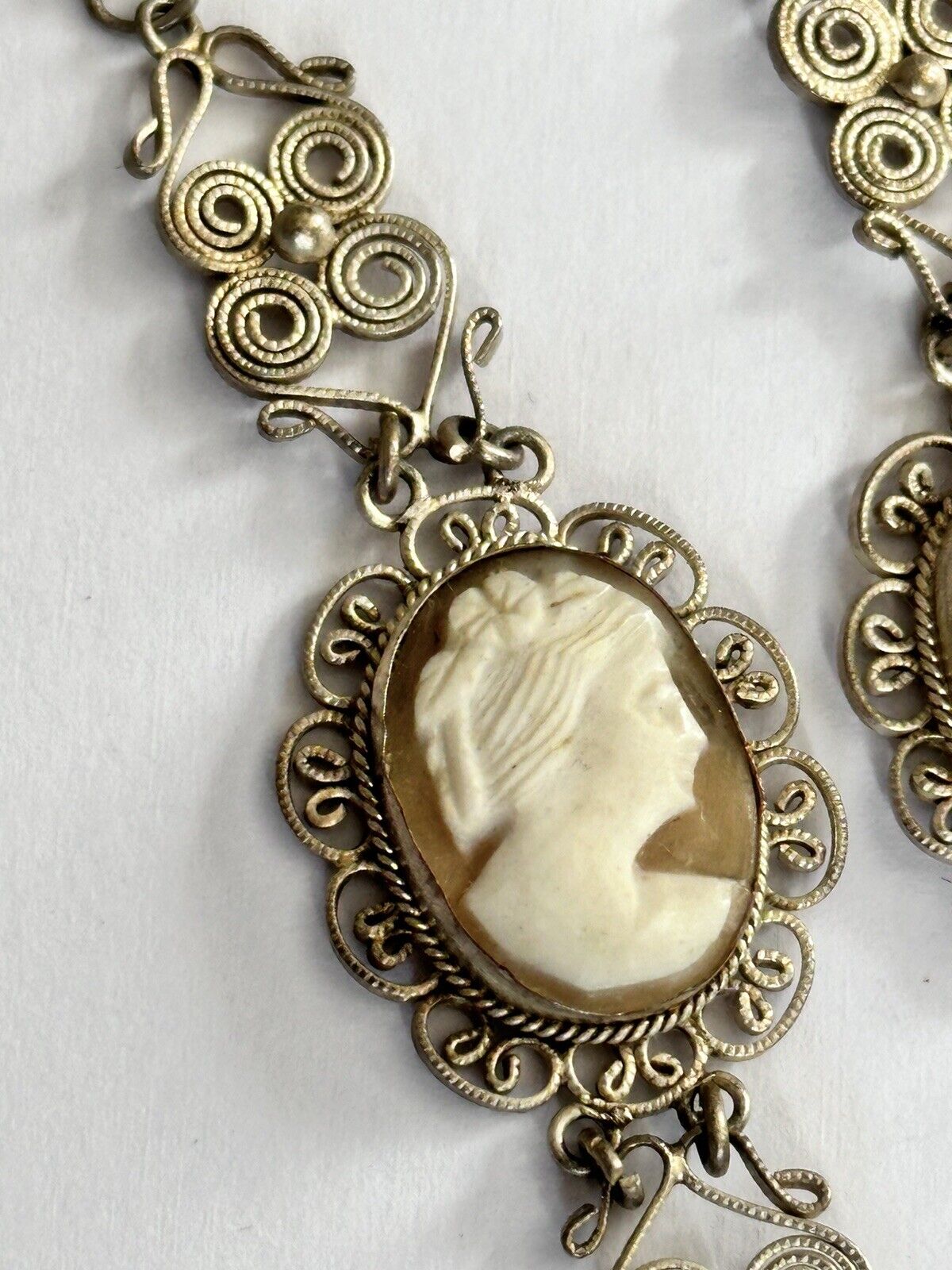 Vintage Silver Filigree Shell Cameo Necklace