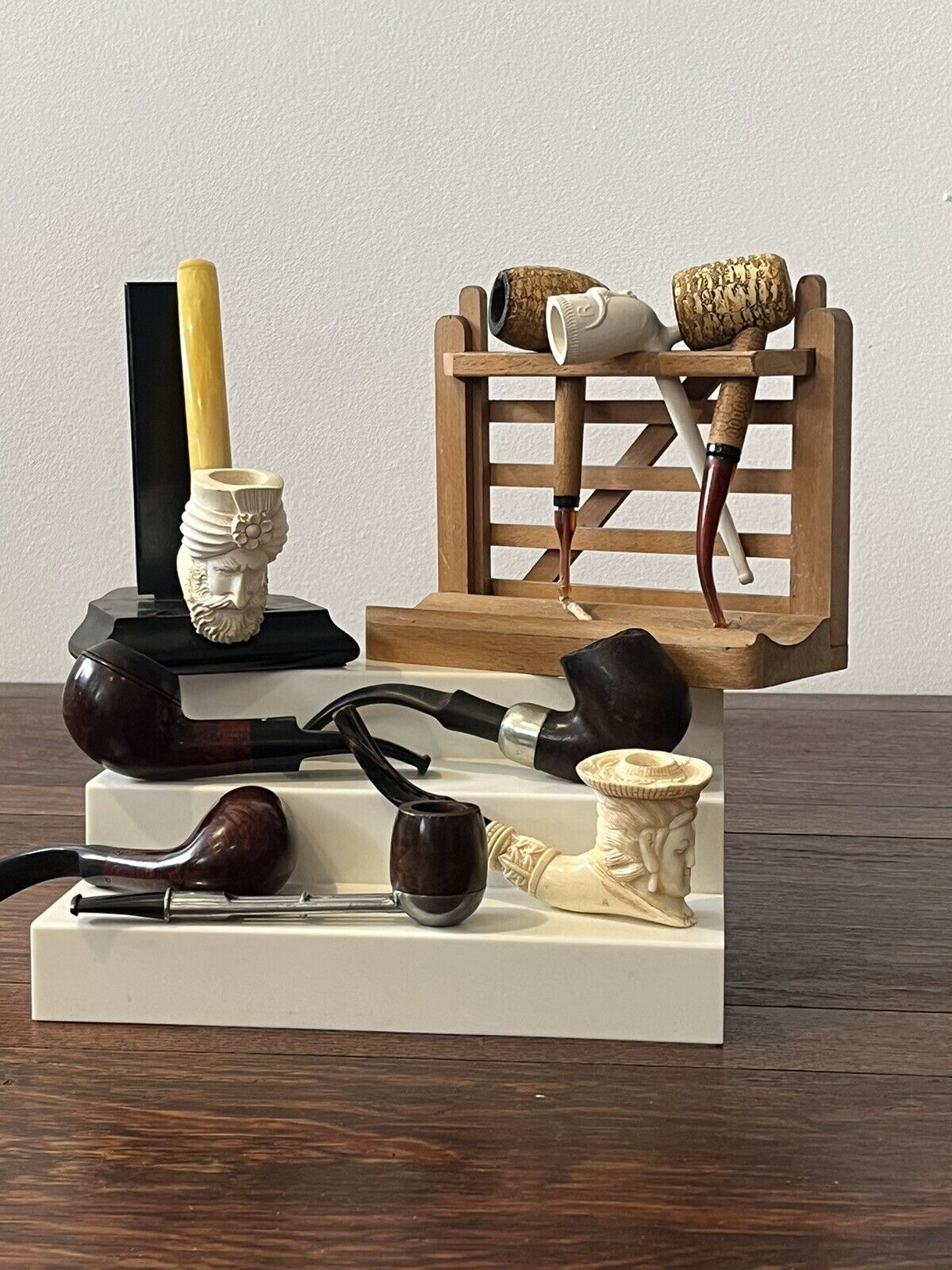 Antique & Vintage Pipe Collection With 2 Wooden Pipe Stands